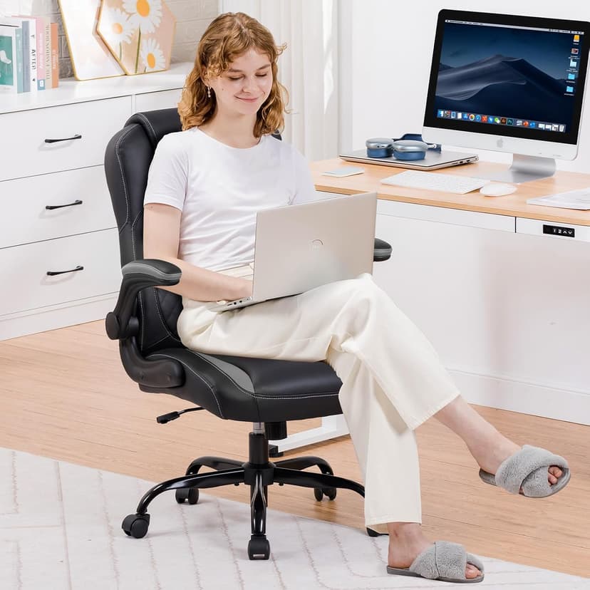 COMHOMA Office Computer Gaming Chair Ergonomic Desk Chair for Adults with Lumbar Support Flip-Up Arms Adjustable Height Swivel Wheels PU Leather Executive Design for Short People Use, Gray