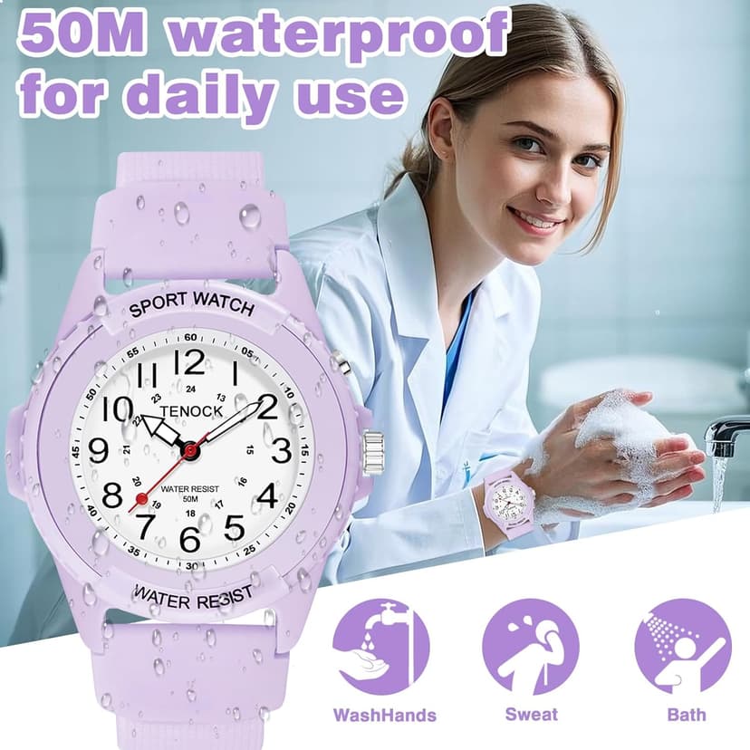 TENOCK Waterproof Nurse Watch for Medical Professionals Students Women Men, Night Light, 12/24 Hour Military Time Easy to Read Dial, Second Hand Watch for Nursing Day Gifts