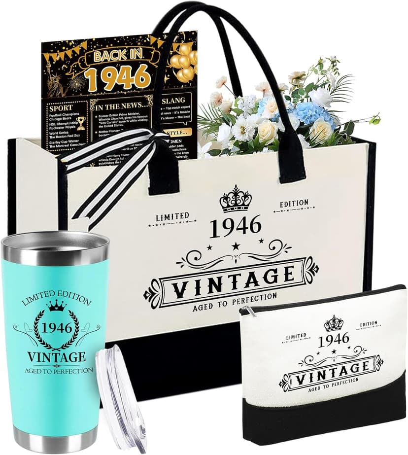80th Birthday Gifts for Women Her- 4 pcs, Turning 80 Year Old Gifts, Decorations Canvas Beach Tote Bag & Makeup Bag, Unique Happy 80th Birthday gifts for Her Mom Wife Friends
