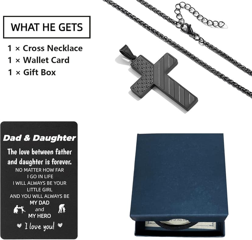 Gift for Dad, Cross Necklace Wallet Card for Dad, Father's Day Birthday Christmas Gift for Father from Daughter Son