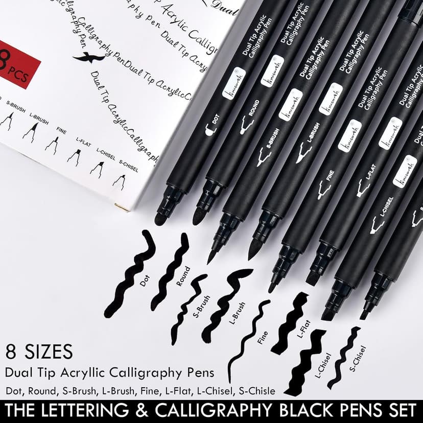 Brusarth Calligraphy Pens, 8 Size Dual Tip Black Acrylic Calligraphy markers for Writing, Brush Pens Calligraphy Set for Beginners, Hand Lettering Pen for Art Drawing, Sketching, Scrapbooking