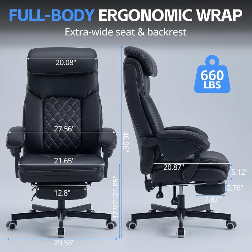 Ergonomic Executive Office Chair - Big and Tall Home Comfy Desk Gaming Chair for Adults, Heavy Duty Leather Reclining Wide Computer Chair with Foot Rest and Back Support (Black)