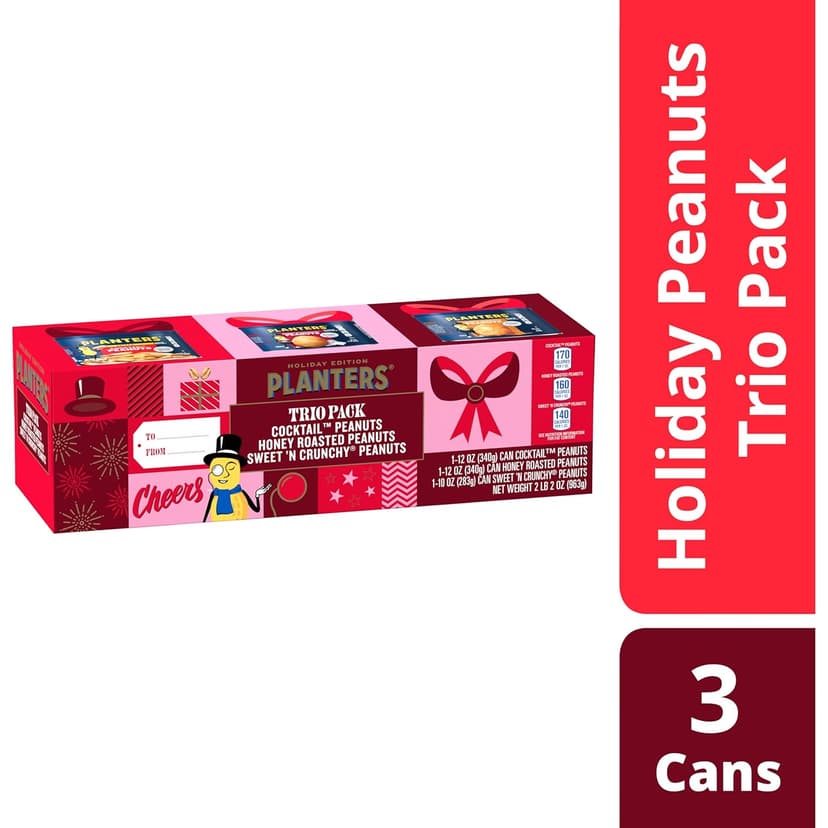 PLANTERS Peanuts Holiday Trio Pack - Snacks Variety Pack for Adults with Sweet n Crunchy, Honey Roasted, and Cocktail Peanuts (3 Count Canisters)