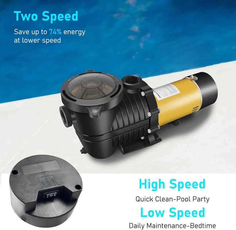 2.0HP Two Speed Energy Saving Pool Pump for In/Above Ground Pools - 230Vac 6600/2640GPH - Swimming Pool Motor with 1.25" & 1.5" & 2.0" pipe adapters - Centrifugal pumps