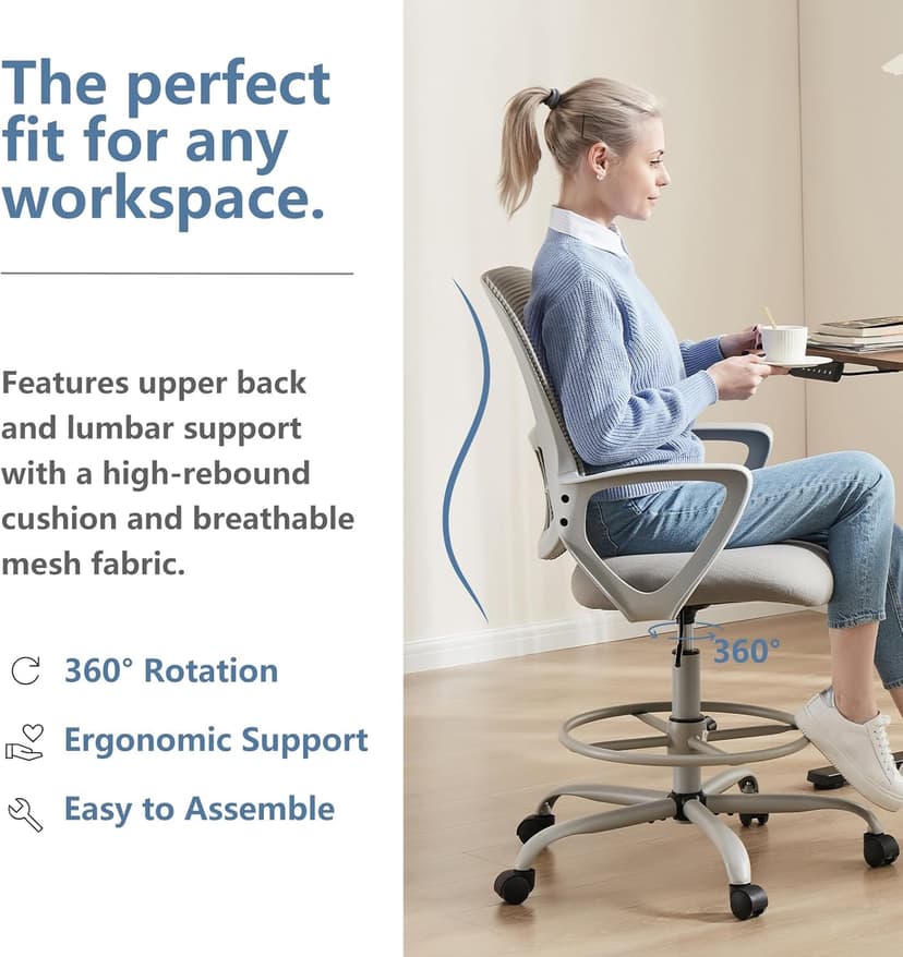 DUMOS Drafting Chair - Ergonomic Tall Office for Standing Desk, Counter with Height Adjustable and Comfortable Lumbar Support, Fixed Armrests, Grey