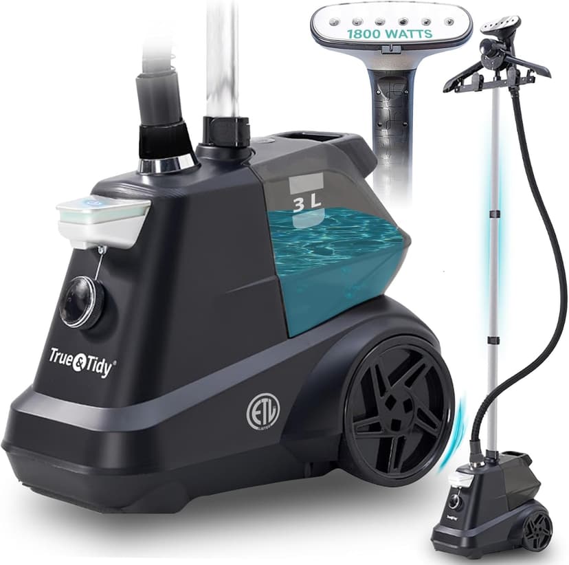 True & Tidy® Heavy-Duty Commercial Industrial Standing Garment Steamer for Clothes, 1800 watts, XL 3L water tank 90+ mins of Steam 3 Steam Settings, Step On/Off Control, Wheels for Easy Movement