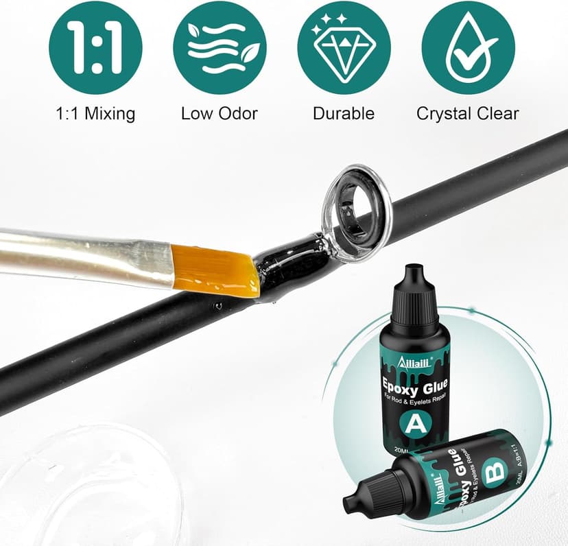 Ailiaili Fishing Rod Repair Kit - 3-IN-1 Fishing Pole Complete Supplies Kit for Rod Tips, Fishing Rod & Guide Eyelets Replacement, with Epoxy Glue, Wrapping Thread and Other Fishing Accessories & Gear