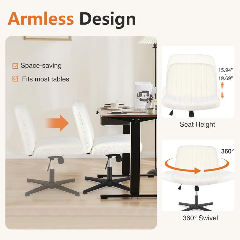 Sweetcrispy Criss Cross Chair Legged, Furry Armless Office Swivel Desk Chairs No Wheels, Vanity Height Adjustable Wide Seat Comfy Cute Computer Task Chair for Home Bedroom, Teddy Beige