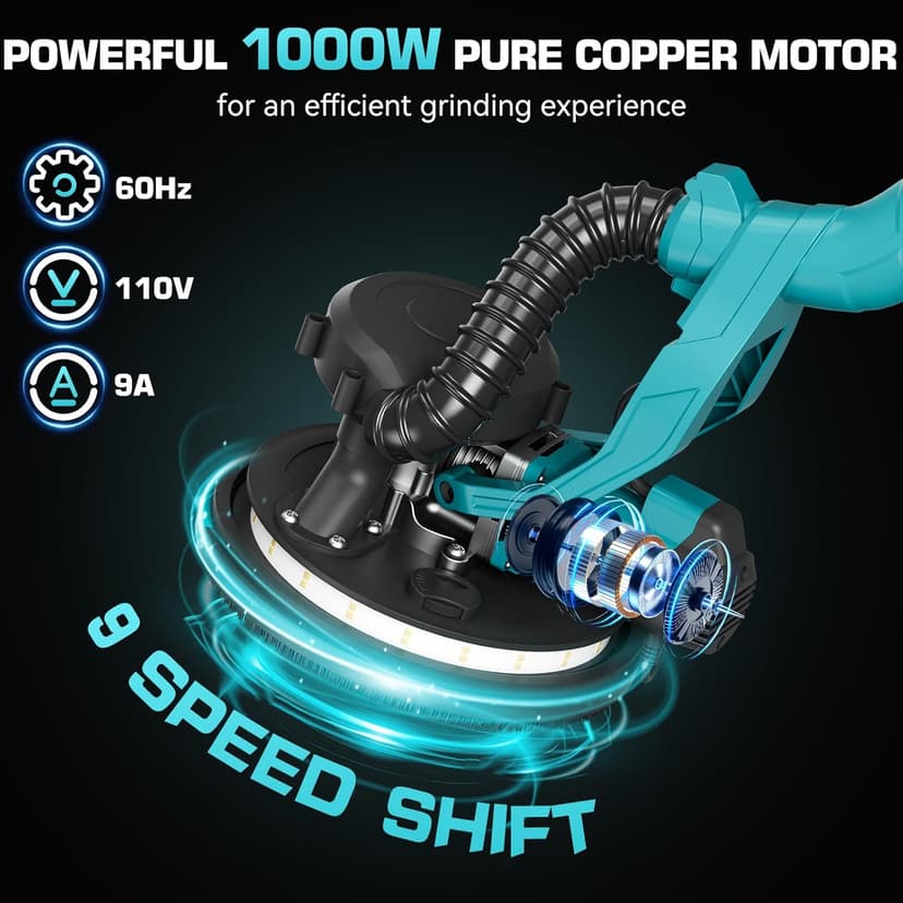 Drywall Sander with Vacuum Dust Collector, 1000W Popcorn Ceiling Removal Tool, Electric Drywall Sander with Digital Display Screen 9 Variable Speed 800-2100RPM, Foldable & Extendable Handle