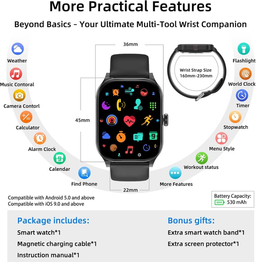 Smart Watch with Built-in GPS and Offline Maps, 1.96" HD Display, Answer/Make Calls, 100+ Sport Modes, Heart Rate/Sleep/SpO2 Monitor, Fitness Activity Tracker for Android and iPhone, 2 Bands, Black