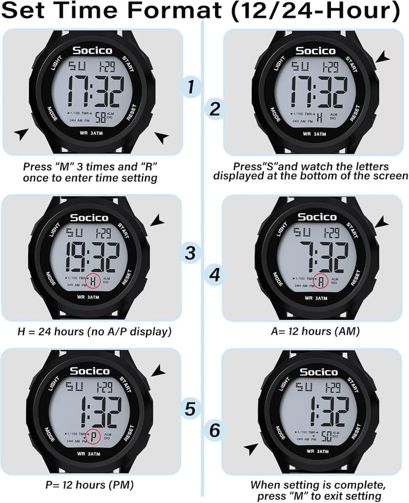 SOCICO Mens Digital Watch Sports Waterproof Outdoor Large Face Military Watches with Stopwatch Back Light Alarm Date Display