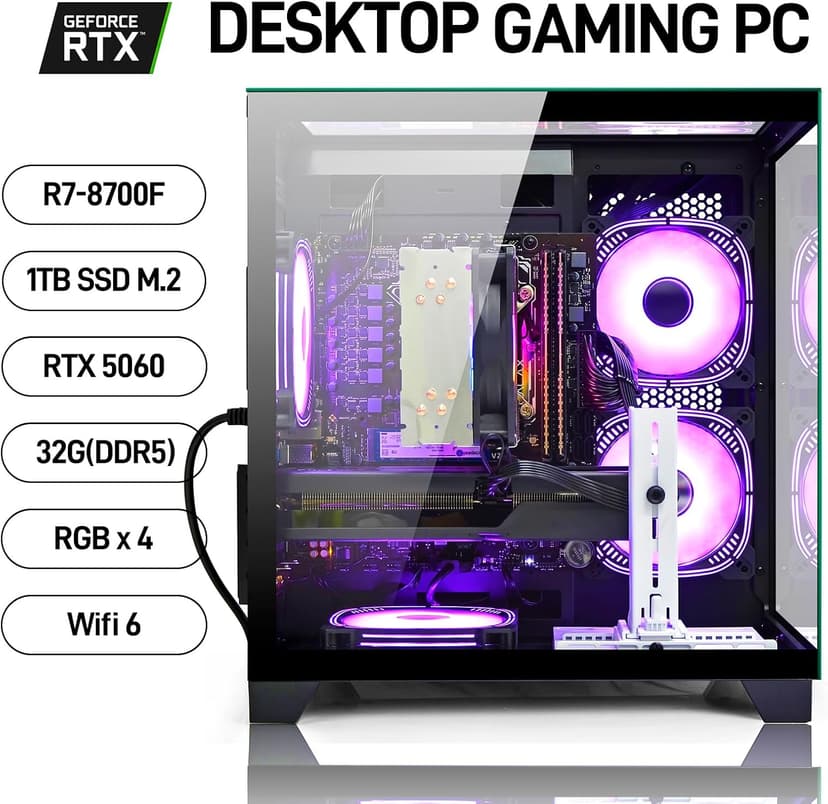 LXZ Prebuilt Gaming PC Ryzen 7 8700F, GeForce RTX 5060 (8GB), 32GB DDR5 RAM, 1TB NVMe 3.0 SSD – Desktop Computer, Tower PC for VR 4K Gamers & Creators