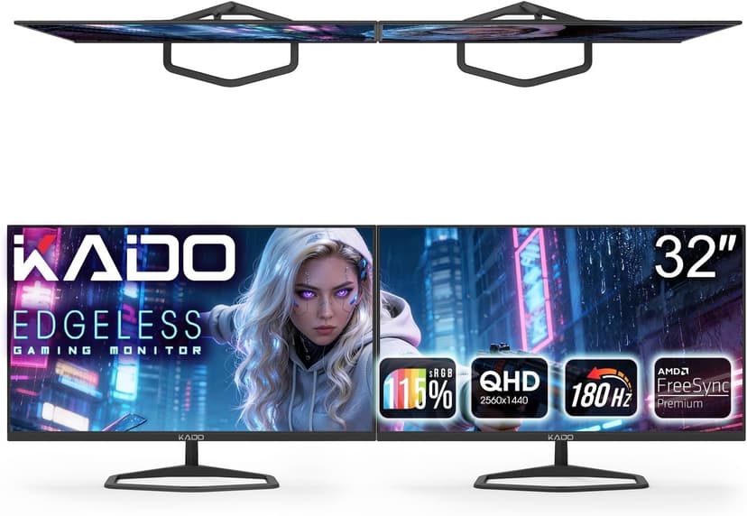 Kado Dual Gaming Monitor Setup - 2-Pack 32" 180Hz 16:9 2560x1440 QHD Computer Monitor 115% sRGB, Stacked Gaming AMD FreeSync, VESA Mount HDMI DisplayPort Built-in Speakers