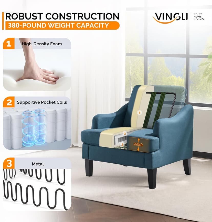 VINGLI Linen Fabric Accent Chair Navy Blue, Modern Upholstered Armchair, Comfy Sofa Chair Living Room Bedroom Furniture for Apartment