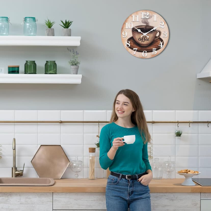 Keepcross Kitchen Wall Clock Coffee Cup Theme Rustic Modern Farmhouse Decor Glass Clock for Kitchen, Coffee Bar, Cafe - 8 Inch, Brown