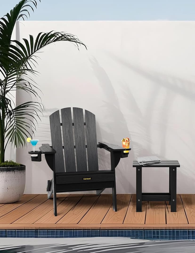 Folding Adirondack Chair, Wooden Textured Plastic Adirondack Chairs with 2 Cup Holder, Weather Resistant HDPE Fire Pit Chair, Outdoor Patio Chairs for Garden, Backyard, Lawn, Deck, 380LBS, Black