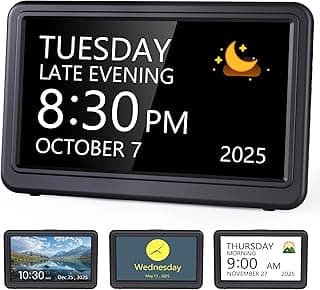 Raynic Date Clock, Digital Calendar Clock with 12 Themes, 20 Alarms, 20 Reminders, Semi-Automatic Dimming, 12/24 Hours, Auto DST for Desktop, Office, Students (Black, 7 Inches)