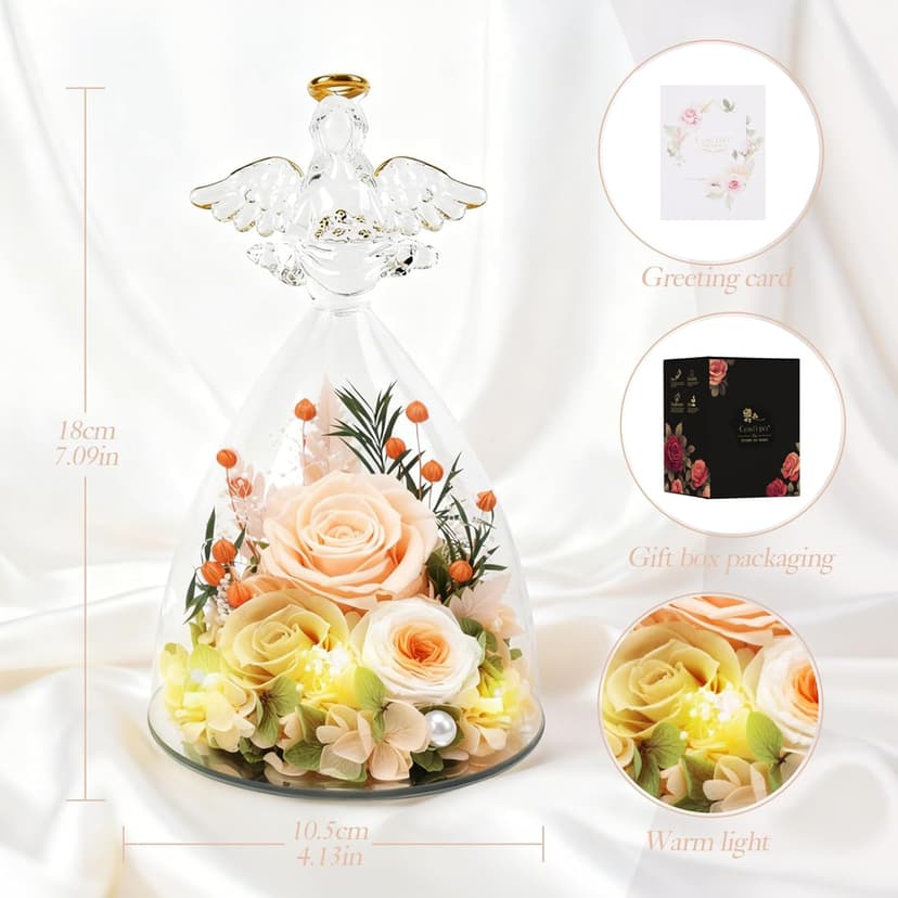 Casaido Mothers Day Rose Gifts for Women, 7" Champagne Preserved Roses Flowers in Glass Angel Figurine, Birthday Gift for Mom Wife Grandma, Eternal Rose for Valentines Christmas Anniversary B0FQJ5NLH8