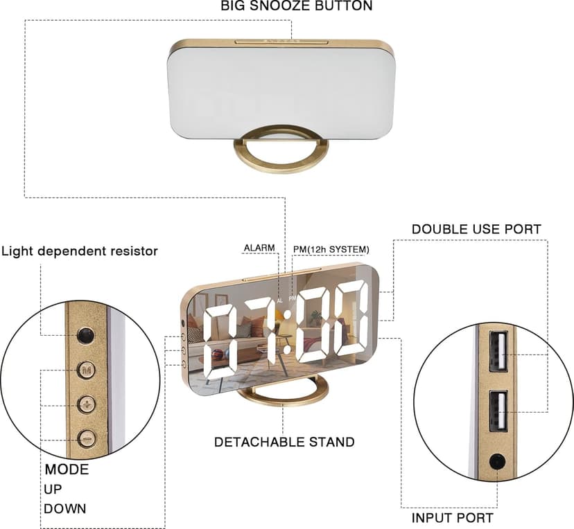 Sukeen Digital Alarm Clock,6" Large LED Display with Dual USB Charger Ports | Auto Dimmer Mode | Easy Snooze Function, Modern Mirror Desk Wall Clock for Bedroom Home Office for All People (Gold)