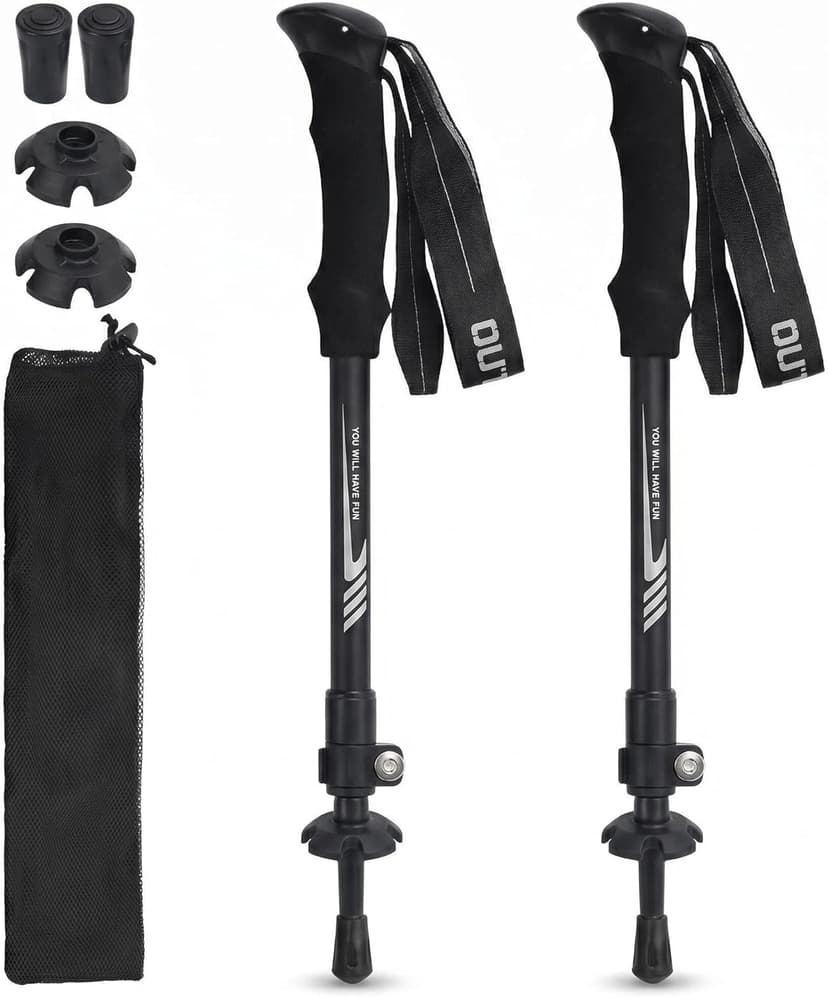 Folding Hiking Poles, Lightweight 7075 Aluminum Alloy Mountain Tech Trekking Poles for Men, Collapsible Walking Sticks for Travel, EVA Foam Grip, Set of 2 - Black