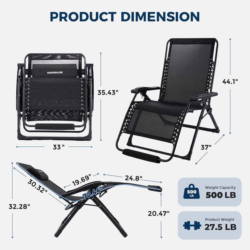HOMSHADE Oversized Zero Gravity Chair, 33In XXL Outdoor Recliner Chair w/Removable Cushion&Headrest, Reclining Patio Chairs for Indoor, Camping Lounge Chair with Footrest, Support 500LBS, Black
