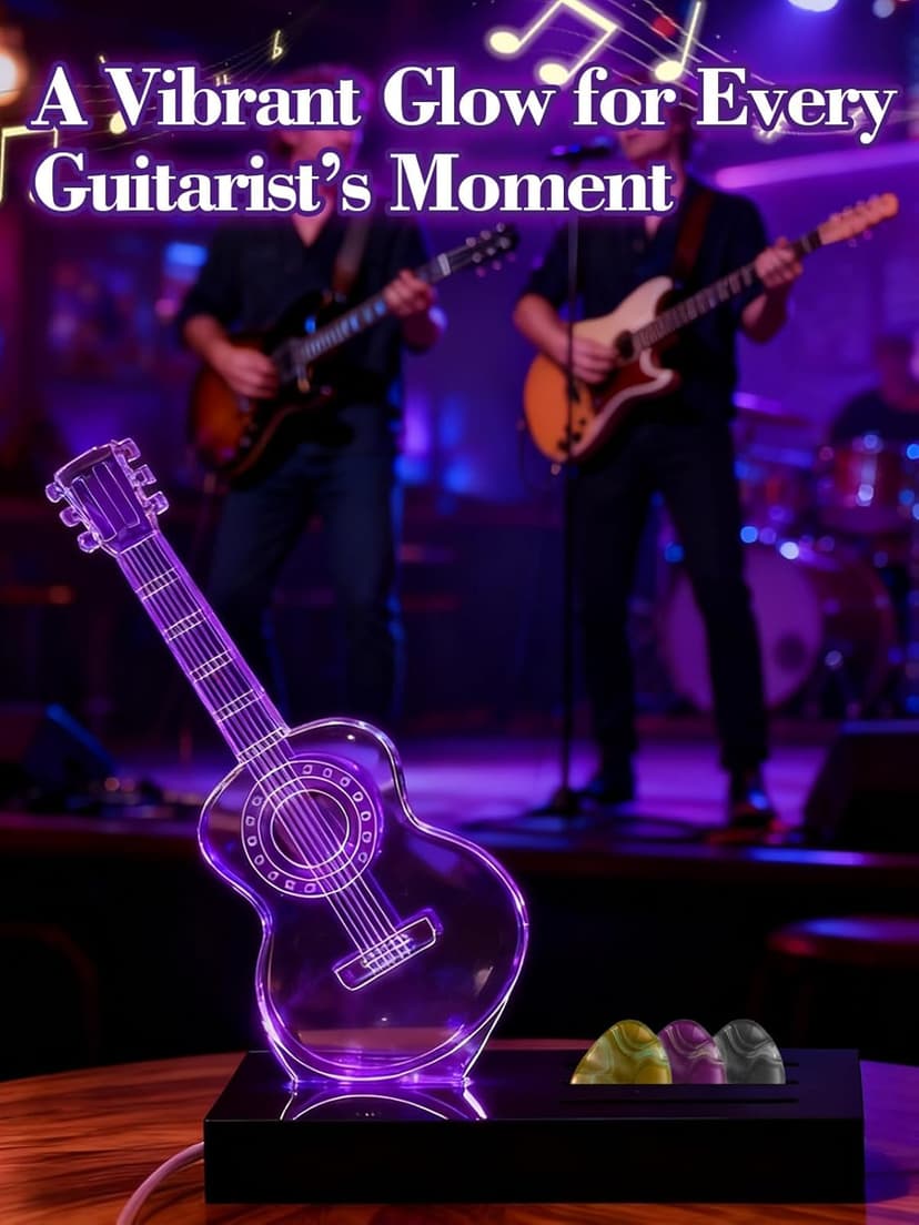 Apipi Light Up Guitar Picks Holder Gifts for Players - 7 Color Changing Acrylic Guitar Night Light with USB-Powered Base