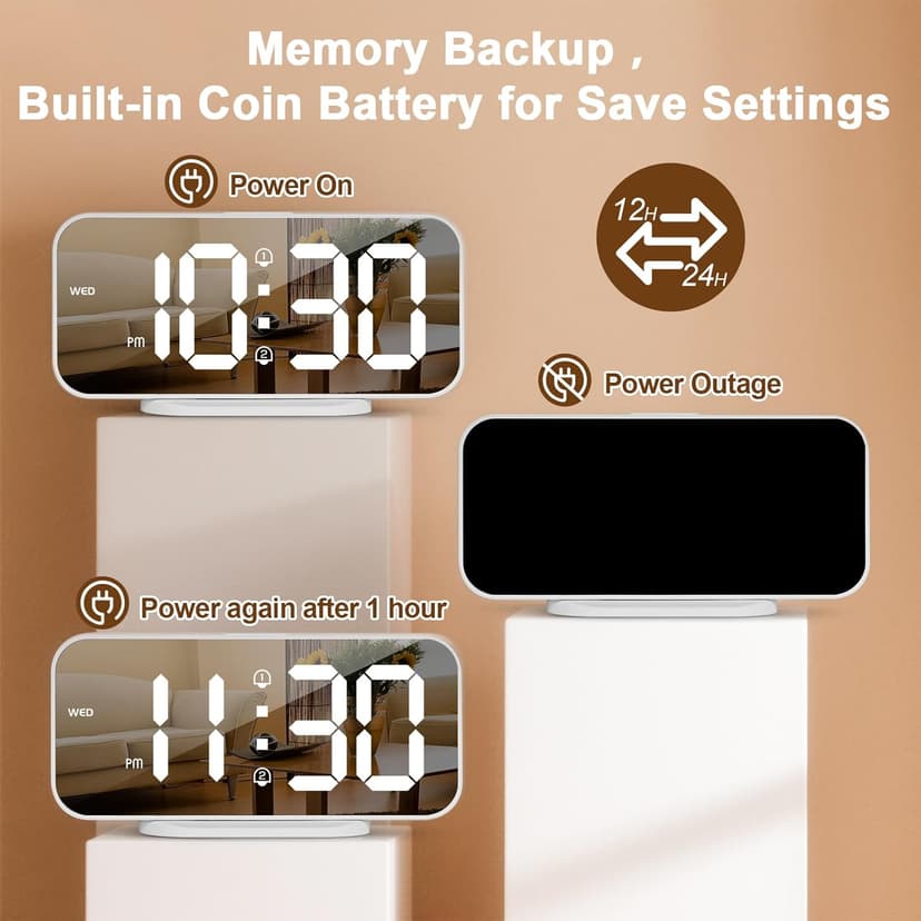 ALANAS Slim Digital Alarm Clock, Big Mirror Display with Dual USB Charger Ports, Dual Alarms, Snooze, 4-Level Adjustable Dimmer,for Bedroom, Office, Desk, Dorm, College Students, Home Decor,Gift