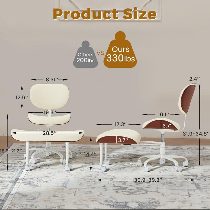EROMMY ADHD Chair with Wheels Retractable footrest, Wide and Thickened Criss Cross Chair, Ergonomic Cross Legged Kneeling Desk Chairs for Meditation Yoga, Beige & Brown