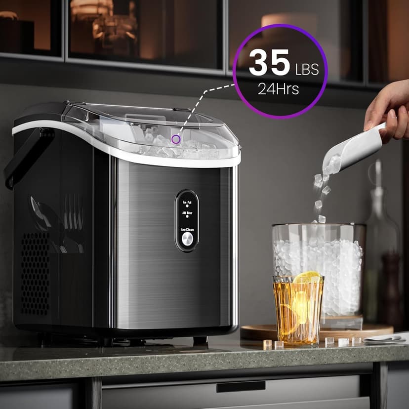 Kismile Portable Nugget Ice Maker Countertop, 33 lbs/Day Pebble Ice Machine with Self-Cleaning Function, Chewable Sonic Ice Maker with 1.1L Water Tank for Home Kitchen Office Bar