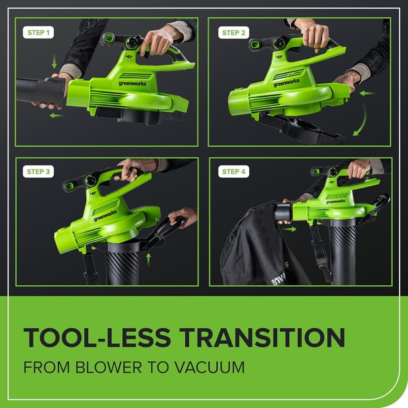 Greenworks 40V (230 MPH / 505 CFM) Cordless Brushless Leaf Blower/Vacuum with Bag, High Power, Lightweight & Quiet for Yard Debris Cleanup, Includes 5.0Ah Battery & Charger