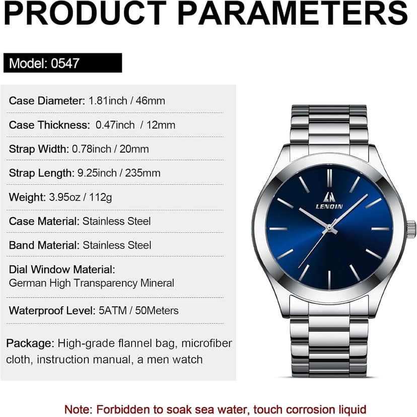 LN LENQIN Mens Watches Waterproof Stainless Steel Watch for Men Analog Quartz Fashion Business Designer Wristwatch