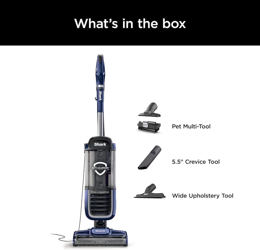 Shark NV151 Navigator Swivel Pro Complete Upright Vacuum with HEPA Filtration, Swivel Steering, Pet Power Brush, Crevice Tool & Upholstery Tool, for Pet Hair & Multi-Surface Cleaning, Navy