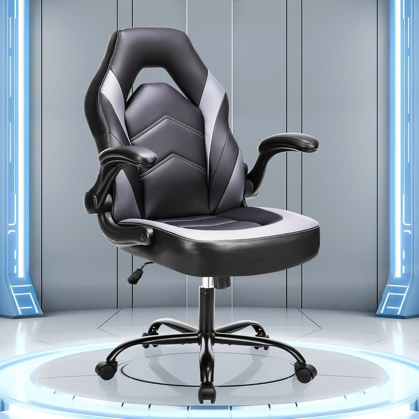 OLIXIS Big and Tall Office Desk Leather Gaming Computer Chair with Adjustable Swivel Task and Flip-up Arms for Adults, Teens, Black and Grey