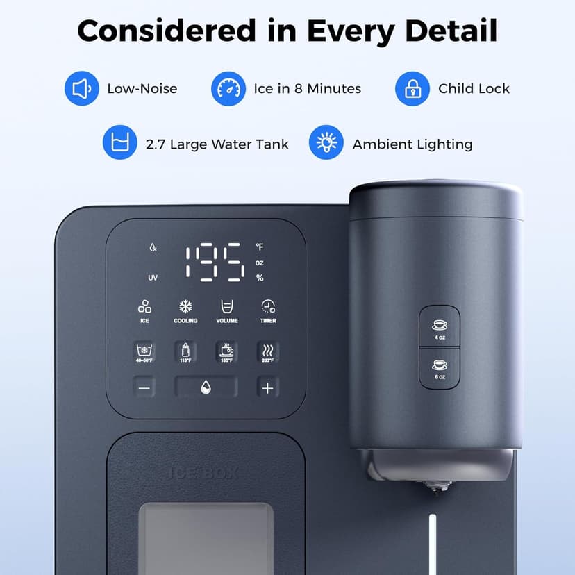 3-in-1 Water Dispenser with Ice Maker - Coffee Maker Countertop Bullet Ice Maker with 12H Timer, Hot/Cold/Warm Adjustable Volume Water, K-Cup® Ground Coffee Brewer for Home Office Studio Gift