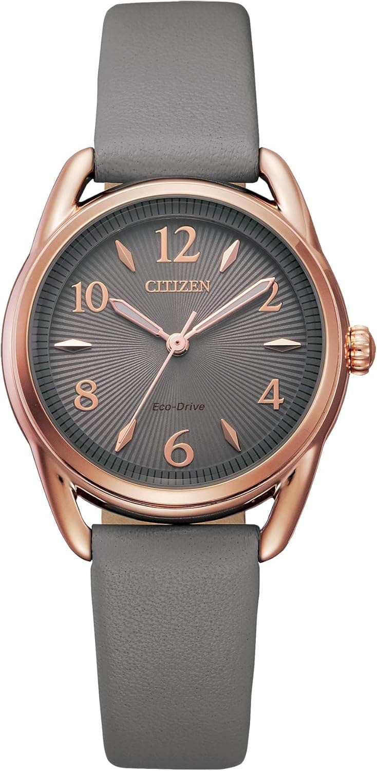 Citizen Women's Eco-Drive Dress Classic Watch in Rose-Tone Stainless Steel with Grey Leather Strap, Grey Dial (Model: FE1218-05H)