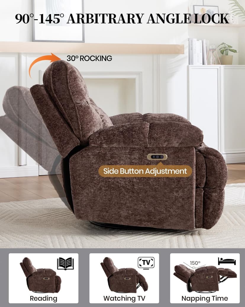 Oversized Power Swivel Rocker Recliner Chair for Big and Tall, Electric Chenille Glider with USB Ports, Extra Wide Overstuffed Reclining Sofa for Living Room Nursery, 375lbs (Brown, Power)