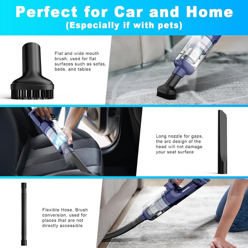 MONOZEL Handheld Vacuum Cordless - Car Vacuum Cleaner with Brushless Motor, 15kPa Powerful Suction Vacuum with LED Light, Type C Port, 2 Fliters, Portable Hand Vacuum for Home, Pet and Car
