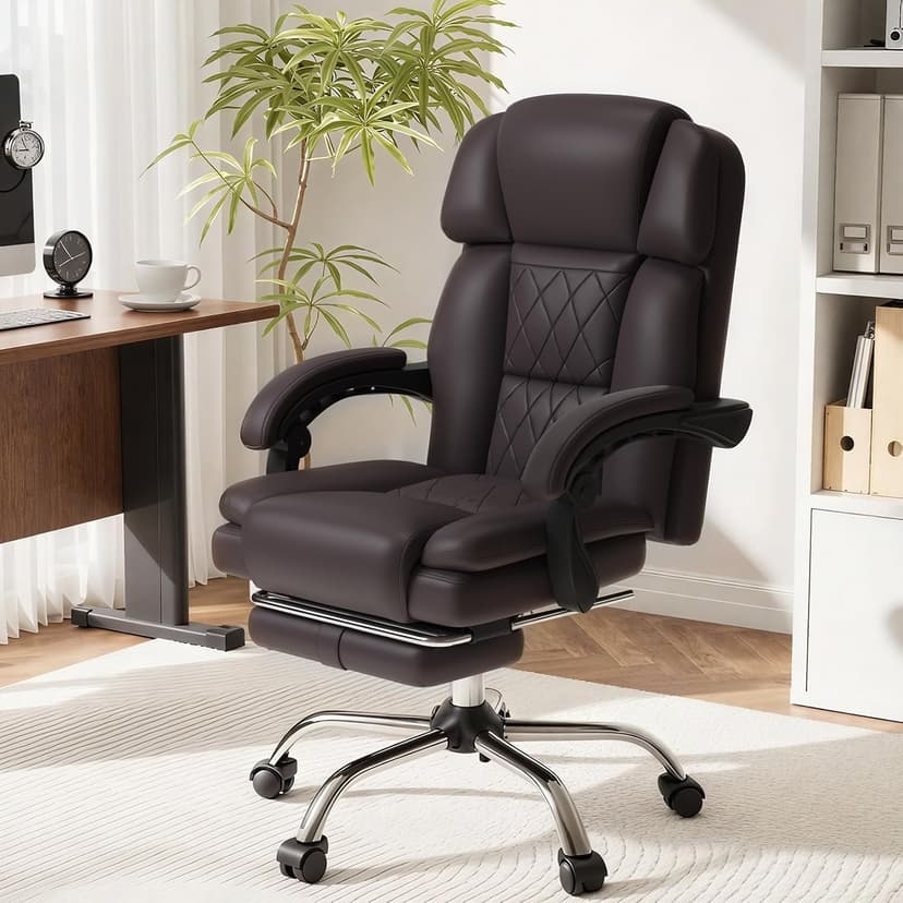 HOMREST 6-Point Massage Office Chair with Heat, Ergonomic Reclining Desk Chair with Footrest, PU Leather Executive Chairs for Home Office, Massaging Computer Chair Gift for Men, Brown