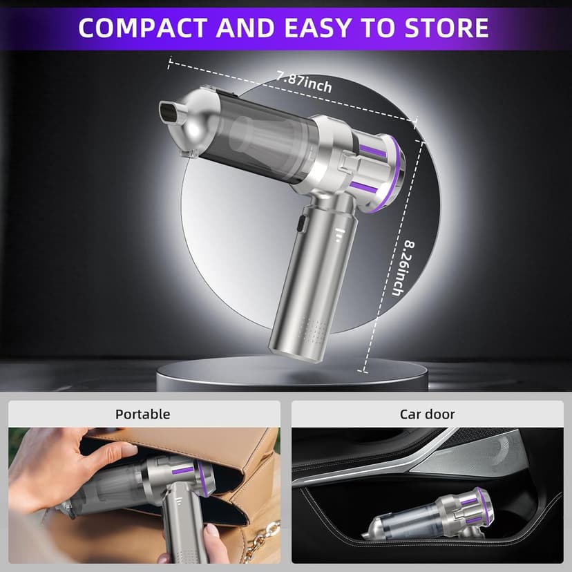 Handheld Vacuum Cordless, 28000Pa 4 in 1 Car Vacuum Portable Cordless, One-Touch Dust Removal, 3-Speed Brushless Motor Mini Vacuum, Ideal for Home, Car, Office, and Pet Hair Cleanup, Silver