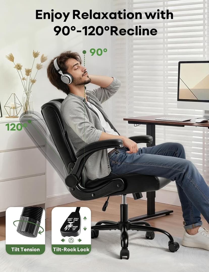 Executive Office Chair, Ergonomic Home Office Desk Chair with Lumbar Support & Flip-up Armrest, PU Leather Computer Seating for Shorter Users, Black