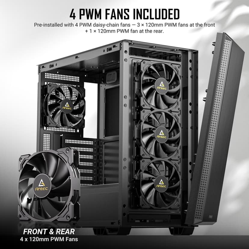 Antec P7 S, 4 x 120mm PWM Fans Included, Dual Side Front Mesh Intake, 360mm Top Radiator Support, Type-C 3.2 Gen 2, Sound-Dampening Side Panels, Mid-Tower ATX PC Case