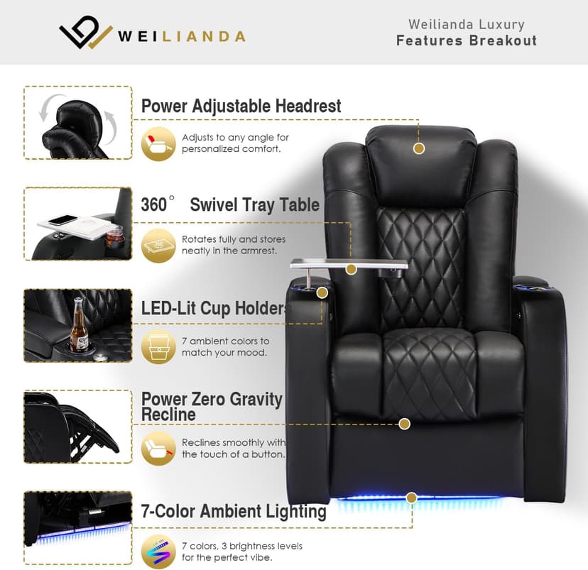 Weilianda Home Theater Seating Top Grain Leather, Zero Gravity Movie Theater Chairs Set, Power Headrest Recliner Chair Gaming Seats, 7 Colors Mood Light Sofa with Tray Table USB Charge Row of 3 Black