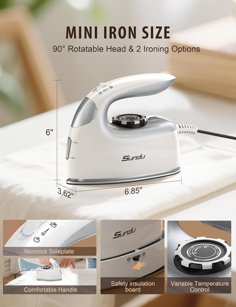 Sundu Mini Travel Iron with Steam,1000W Portable Non-Stick Soleplate Steam Samll Iron for Quilting & Sewing,300 Microsteam Holes,90ml water tank,lockable safety base,Digital Temperature Control-Silver