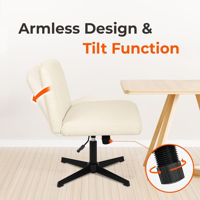 NEO CHAIR Criss Cross Chair No Wheels Armless Cross Legged Office Desk Wide Comfy Vanity Makeup Chair Adjustable Computer Task for Home Office Fabric (Beige)