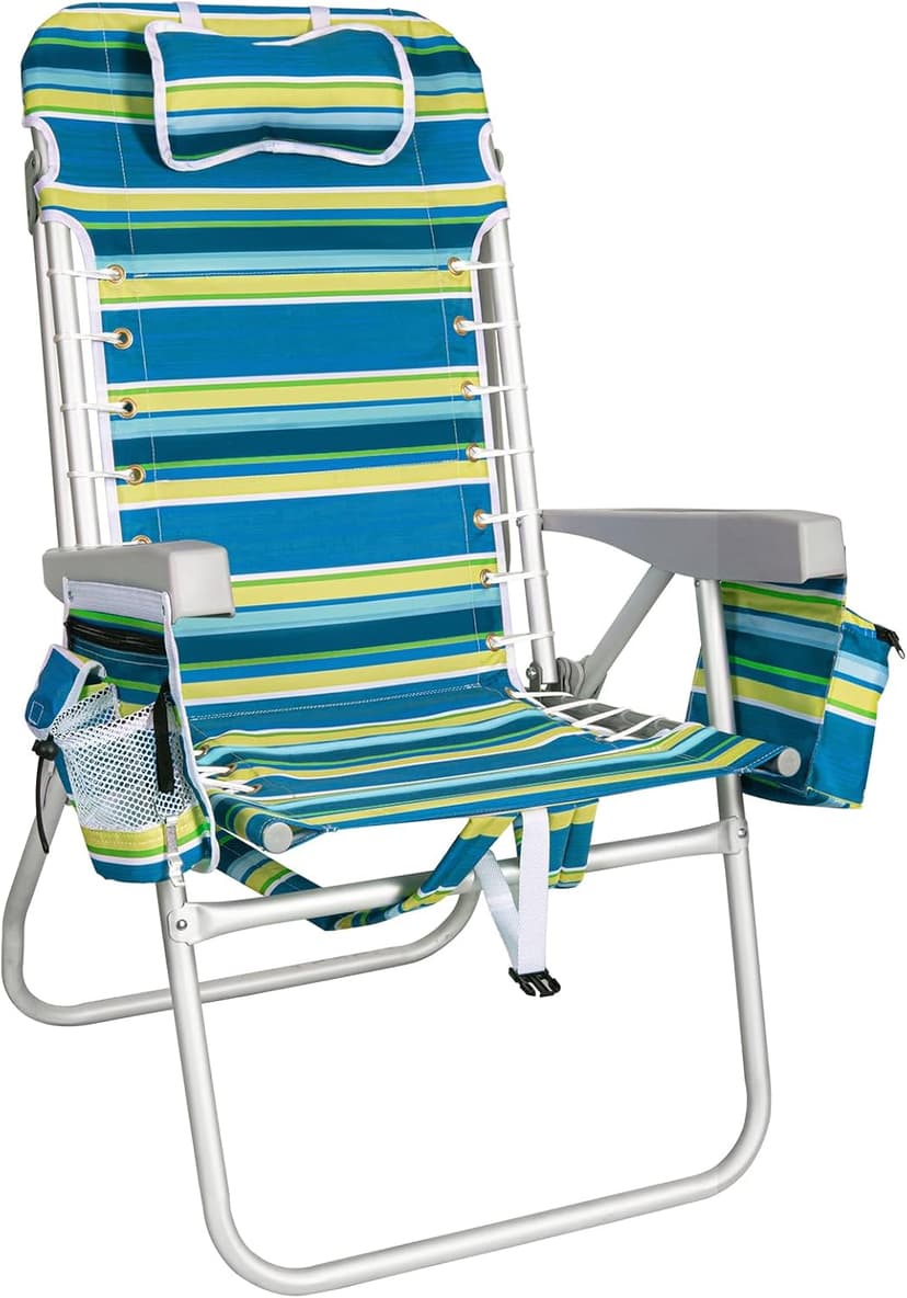 Romswi Tall Beach Chair Extra Wide for Adults, 17" High Seat Backpack Beach Chair with Cooler Bag, Cup & Phone Holder, 5-Position High Back Reclining Chair with Towel Bar & Zipper Pocket, Blue Stripes