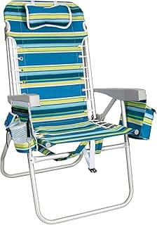 Romswi Tall Beach Chair Extra Wide for Adults, 17" High Seat Backpack Beach Chair with Cooler Bag, Cup & Phone Holder, 5-Position High Back Reclining Chair with Towel Bar & Zipper Pocket, Blue Stripes
