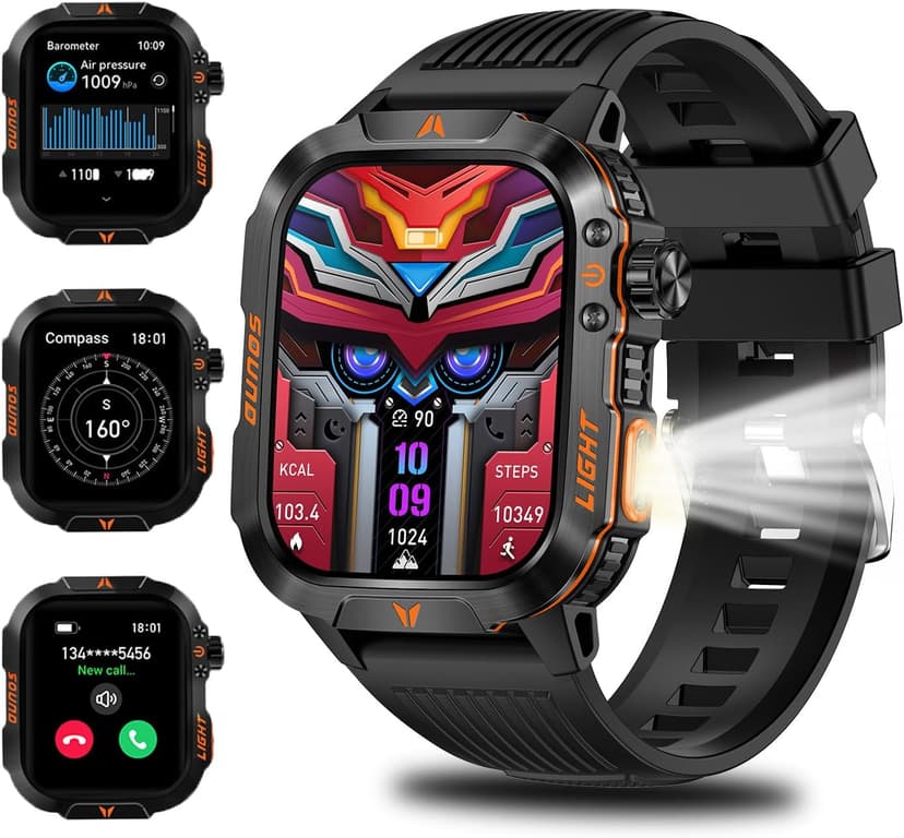 Military Smartwatch for Men, LED Flashlight Bluetooth Call IP68 Waterproof Heart Rate Blood Oxygen Sleep Tracker Fitness Pedometer Android iOS Compatible - Ideal for Hunting Hiking Extreme Sports