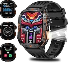 Military Smartwatch for Men, LED Flashlight Bluetooth Call IP68 Waterproof Heart Rate Blood Oxygen Sleep Tracker Fitness Pedometer Android iOS Compatible - Ideal for Hunting Hiking Extreme Sports