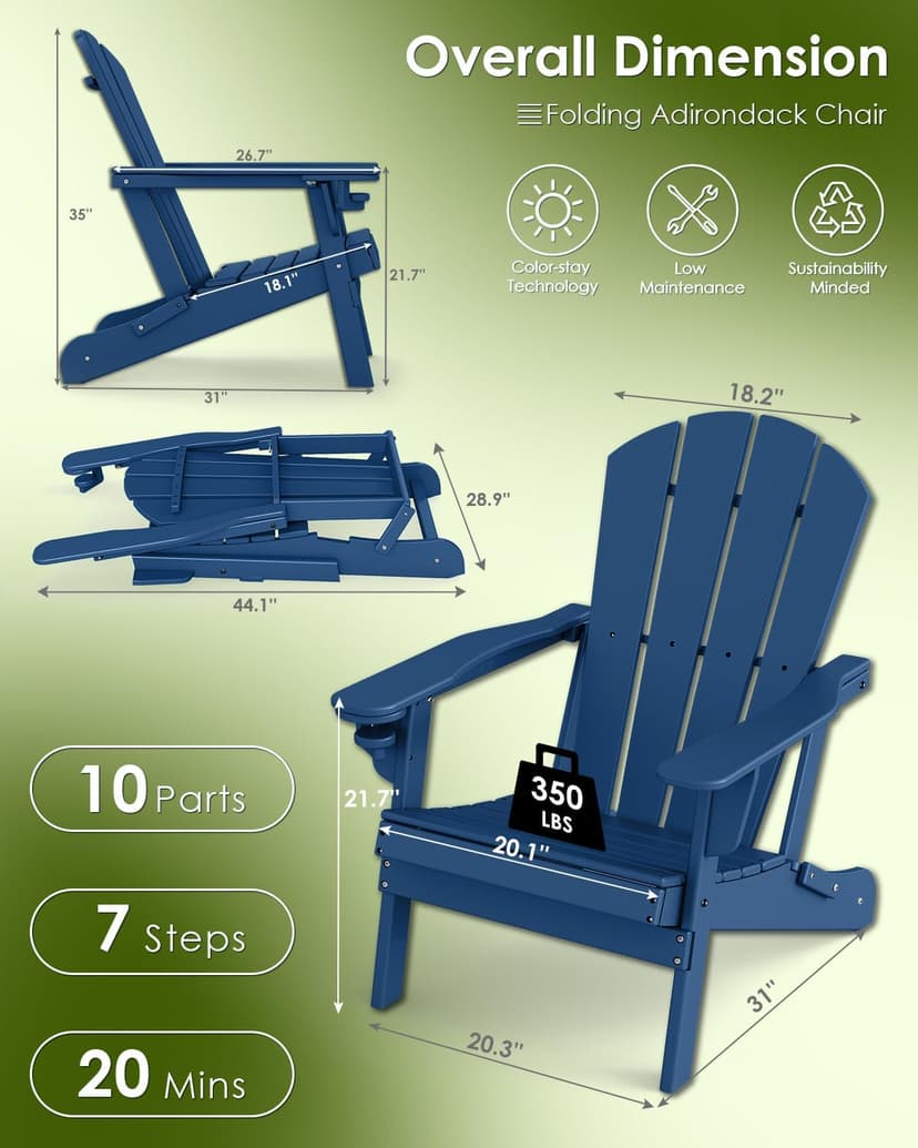 GREENVINES Folding-Adirondack-Chairs-Set-of-6 | w/Cup Holder| HDPE Plastic | All-Weather Patio Fire Pit Chairs | for Outdoor Poolside Deck | Blue