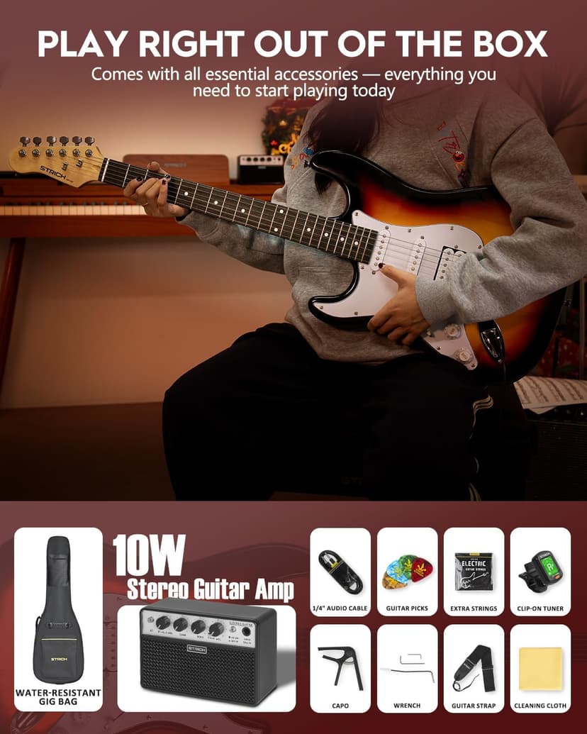STRICH Electric Guitar Left Hand Beginner Kit, Solid Body 39" Electric Guitar HSS Pick Up for Starter, with 5W x 2 Amp, Bag, Capo, Strap, String,Cable, Picks, SST-S20L Sunburst